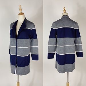 TALBOTS Merino Navy Gray Colorblock Duster Cardigan MPetite